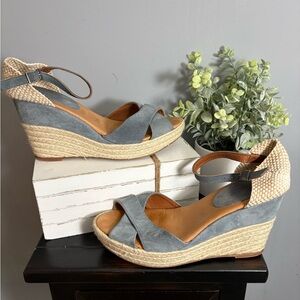 Pinaz Blue Suede & Cream Jute Woven Espadrille Wedge Sandals - sz40 (P6)